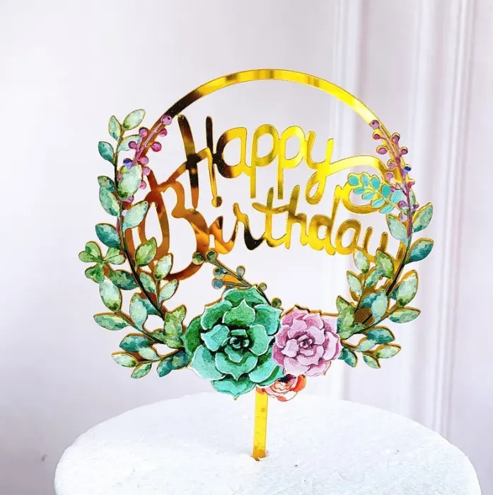 Stylish 6 pcs Acrylic Flowered Cake Topper Birthday Cake Decoration Party Supplies