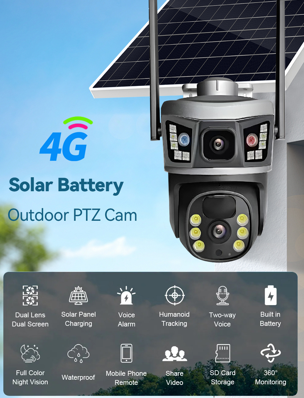 QL34 V380 Pro 6MP Solar CCTV Camera with Dual Lens 360 Degree PTZ Motion Tracking for Outdoor Security · image 2