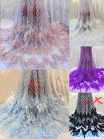 YZ 2024 perles de séquence de luxe de haute qualité tissu de dentelle de mariée en gros broderie de paillettes bleues avec plume filet français dentelle perlée