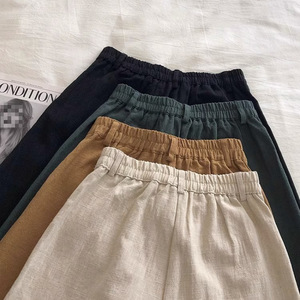 Women's Cotton Linen Shorts High Waist Wide Leg Casual A <b>Line</b> Five Point <b>Pants</b> In Heather Khaki Dark Green Black - Product Image 2