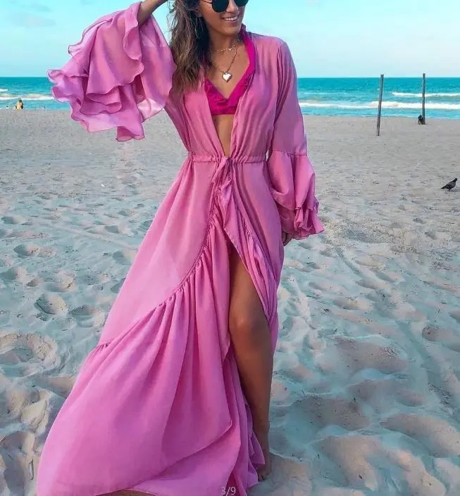 Sexy Bikini Cover-Ups Lange Effen Multi-layer Ruches Mouwen Zomer Chiffon Strand Jurk Elegante Vrouwen Beach Wear bikini Cover Up