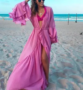 Sexy Bikini Vertuschungen Long Solid Mehr schicht ige Rüschen ärmel Sommer Chiffon Strand kleid Elegante Frauen Beach Wear Bikini Cover Up