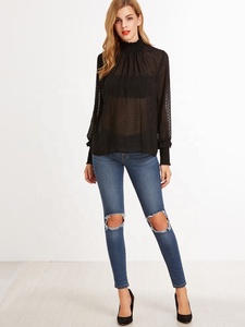 Latest Long Sleeve Black <strong>Sheer</strong> Women Smocked <strong>Blouse</strong> - Product Image 5