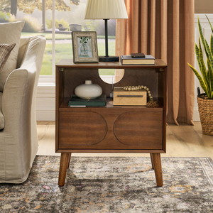 Mid Century Modern Fluted Nightstand With Charging Station USB Ports Outlet Hole 4 Solid Wood Legs Farmhouse <b>End</b> <b>Table</b> - Product Image 3