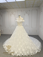 Robe de mariée QUEENS GOWN, style princesse, épaules dénudées, taille basque, avec baleines apparentes et fleurs 3D, élégante