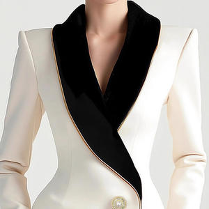 Elegante <span class=keywords><strong>Blazer</strong></span> Asimmetrico Bianco <span class=keywords><strong>con</strong></span> Risvolti Neri a Contrasto, Maniche Lunghe, <span class=keywords><strong>Blazer</strong></span> Slim da Donna, Giacca <span class=keywords><strong>Blazer</strong></span> Femminile - Product Image 2