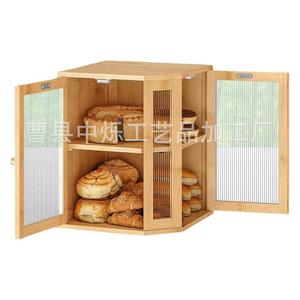 Boîte à pain en bambou à double couche avec porte en acrylique, meuble de rangement d'angle pour comptoir de cuisine, pour pain et pâtisseries - Product Image 4