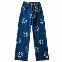 Jeans Boyfriend imprimés pour femmes, pantalon droit taille haute, bleu clair, prix en gros, 2019