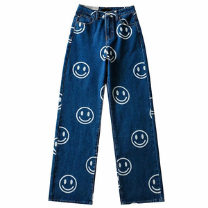 BUFA prezzo all'ingrosso stampa viso sorridente vita alta Plus Size Jeans Boyfriend <span class=keywords><strong>donna</strong></span> <span class=keywords><strong>pantaloni</strong></span> dritti azzurri - Product Image 3