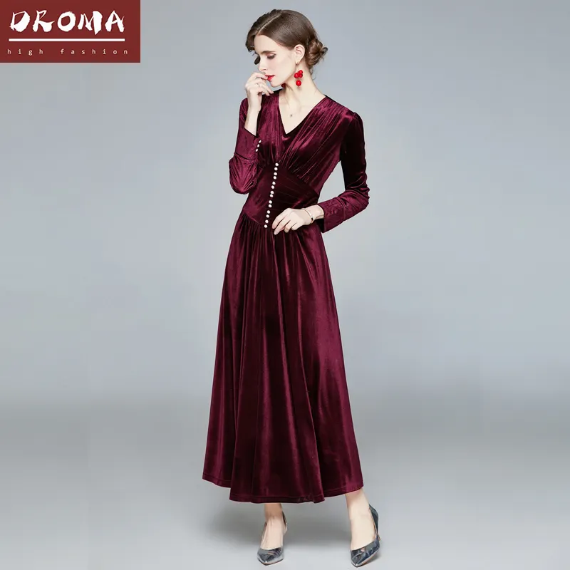 Droma 2021 उच्च गुणवत्ता स्लिम फैशन मखमल लंबी आस्तीन लाल भोज <span class=keywords><strong>मेजबान</strong></span> शाम पार्टी प्रोम कपड़े महिलाओं के लिए