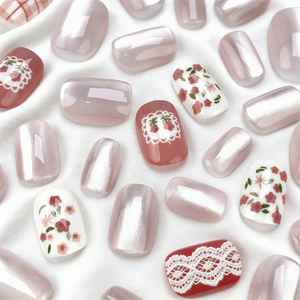 <span class=keywords><strong>Uñas</strong></span> Postizas de Color Rosa Claro con Purpurina Fina, Diseño de Ojo de Gato, Flores Rosas y Hojas <span class=keywords><strong>Verdes</strong></span>, <span class=keywords><strong>Uñas</strong></span> <span class=keywords><strong>Cortas</strong></span> Cuadradas con Diseño de Cuadros Cruzados en Rosa Claro y Blanco - Product Image 3