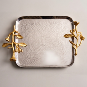 Plateau de service décoratif en métal avec poignée en forme de branche de fleur dorée, plateau de qualité supérieure pour servir des en-cas, des aliments, des fruits - Product Image 1