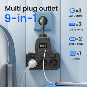 Enchufe Múltiple Europeo 9 en 1 con Reloj, 3 Tomas de CA, 5 Puertos USB, Cable Corto/Largo, Extensor de Enchufe con Protección Contra Sobrecargas - Product Image 4