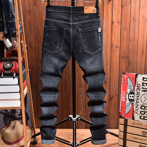 Jean vintage gothique brodé effet vieilli pour <span class=keywords><strong>homme</strong></span>, coupe slim extensible, détails patchwork respirants, style streetwear motard - Product Image 5