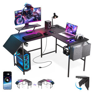 Bureau de jeu ergonomique en forme de L avec éclairage LED, porte-gobelet, sac de rangement, sortie d'alimentation - Product Image 1
