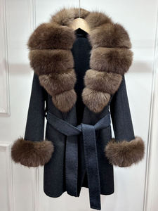 معطف صوف شتوي جديد رخيص الثمن للنساء، مزيج من الكشمير والصوف مع ياقة وأساور من فرو الثعلب الطبيعي قابلة للإزالة، تصميم فضفاض برباط، معطف صوفي مزدوج الوجه - Product Image 4