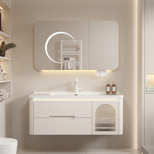 Meuble de salle de bain simple en céramique avec coins arrondis, lavabo intégré intelligent pour le lavage des mains - Product Image 1