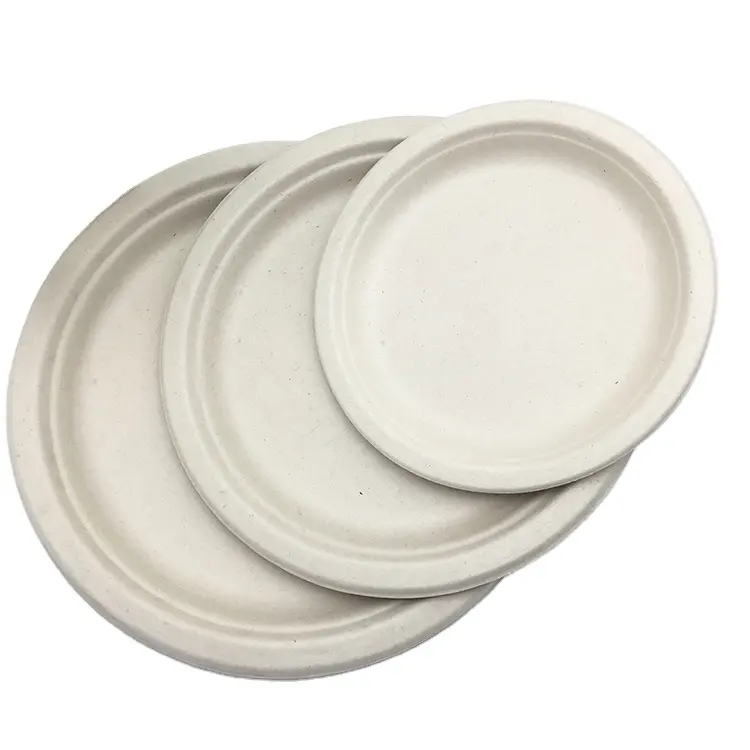 Disposable sugarcane pulp unbleached round plate paper dishes biodegradable