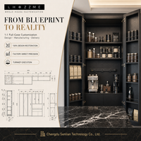 Meubles de cuisine modulaires sur mesure noir mat, garde-manger pleine hauteur, station café, tour d'appareils électroménagers, plan de travail en marbre, projets OEM ODM