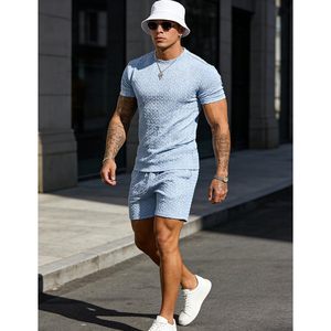 Conjunto de verano personalizado para hombre, 2 piezas, camiseta de algodón tejida transpirable con cuello redondo y pantalones cortos, conjunto deportivo informal a juego. - Product Image 3