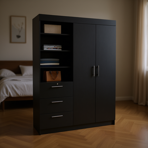 Armadio Kenya a 3 cassetti e doppia anta, nero, moderno, per camera da letto, con 3 ripiani e maniglie in metallo - Product Image 2