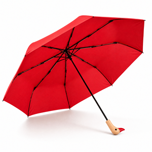 Parapluie pliant compact rouge certifié BSCI, avec poignée en bois en forme de tête de canard, résistant au vent, pour voyages, pluie et soleil, pour femmes - Product Image 2