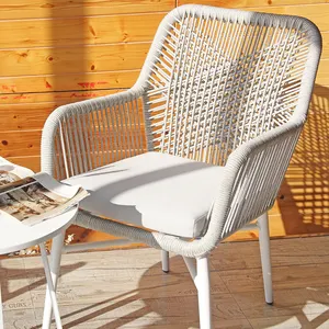Aluminum Metal Frame High Back Rattan Twine Woven Outdoor Garden Dining Chair With Armrests