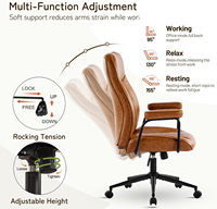 Chaise de bureau moderne du milieu du siècle en cuir marron, dossier mi-haut, support lombaire réglable, bras pivotants à roulettes, pour bureau à domicile