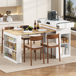 Modern Kitchen <b>Island</b> Extendable Solid Dining <b>Table</b> MDF Panel Double-sided Storage 2 Drawers Power Outlet Side Shelves - Product Image 1