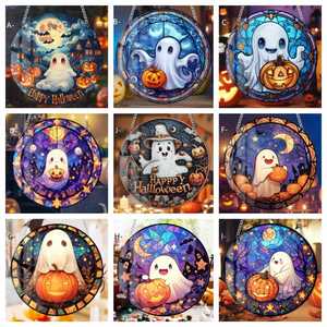Attrape-soleil en vitrail pour Halloween, fantôme et citrouille, ornement coloré à suspendre à la fenêtre, décoration pour la maison et les fêtes, cadeau personnalisé, souvenir - Product Image 1