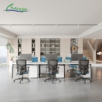 Postazione di Lavoro per Ufficio Moderna per 6 Persone con Armadietti Modulari, Scrivania Open Space, Divisori Acustici e Gestione Tripla dei Cavi
