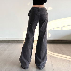 Pantalon en jean évasé ajusté à taille haute avec boucle en D en métal réglable, style rétro Y2K, gris foncé, extensible - Product Image 2