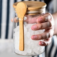 Pot en verre transparent en borosilicate de forme cylindrique avec logo personnalisé, couvercle et cuillère en bois pour épices, bonbons, sel, emballage de stockage hermétique
