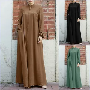 Abaya musulmane élégante à fermeture éclair sur le devant, Jalabiya de Dubaï, longueur au sol, en polyester, faite à la main, robe décontractée pour femme à manches longues et col montant - Product Image 2