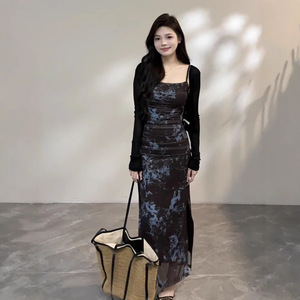 Tie Dye Sleeveless Strapless Dress Women Slim Fit Ink Painting Pattern Maxi Skirt Party Wear Black Dress Polyester YX 8143 - Product Image 3
