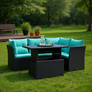 Juego de sofás de jardín de ratán sintético negro de 5 piezas con cojines, muebles de exterior de estilo contemporáneo - Product Image 2