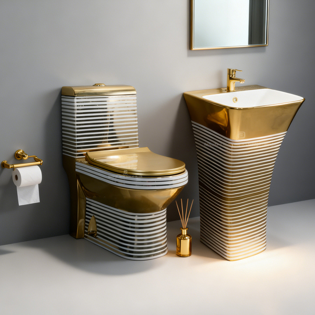 Luxury Gold One Piece Toilet Sink Bathroom Washdown Wc Toilets and Pedestal Basin Floor Mounted Water Closet Toilet Set