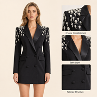 Robe blazer noire personnalisée pour femme, ornée de cristaux sur les épaules, double boutonnage, mini-robe de soirée