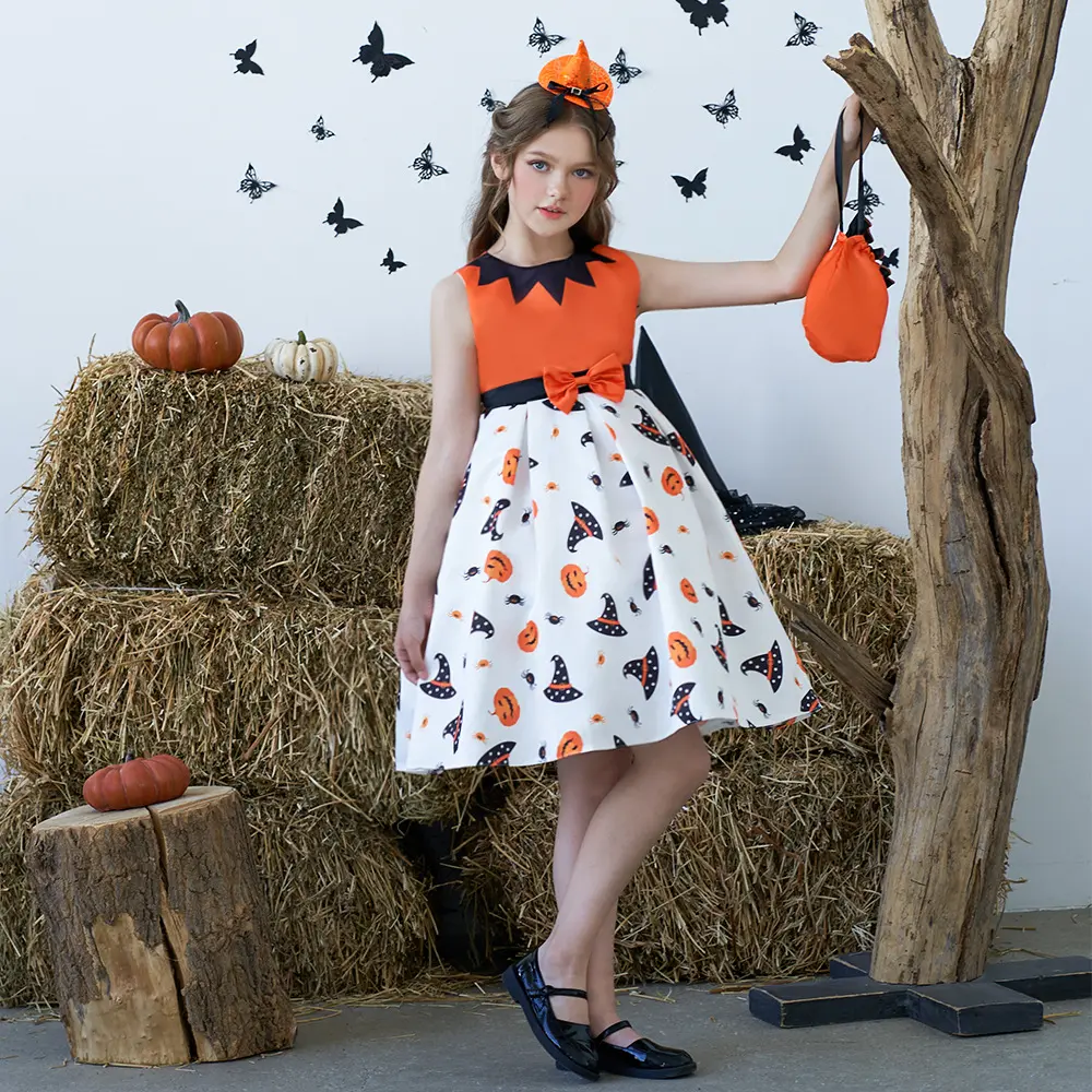 Nieuwe Update Groothandel Meisjes Pompoen Kleding Kinderen Oranje Herfst Mouwloos Kostuum Kids Halloween Heksenjurk