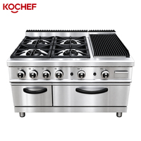 Cuisinière à gaz commerciale autonome à 4 brûleurs avec gril à pierres volcaniques et four à gaz, équipement de cuisine de restaurant en acier inoxydable