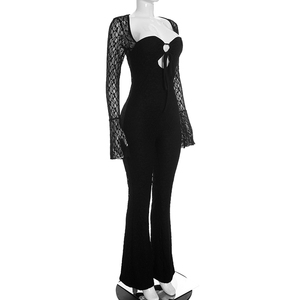 Viviblook D26JP280 Women Autumn New Solid Color Sexy Lace Hollow Drawstring Long Sleeved Slim Fit Casual One Piece Jumpsuit - Product Image 3