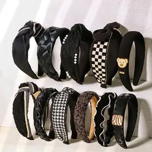 GEERDENG Top Sales 7cm Black Fabric Leather Knotted Hairband 17 Designs New Bulk Fancy Bow Knot Headbands for Party Women