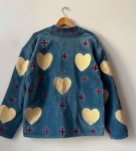 Chaqueta de Terciopelo Azul para Mujer, Diseño de Corazón Bordado a Mano, Estilo Bohemio, para Festivales, Moda Boutique - Product Image 5