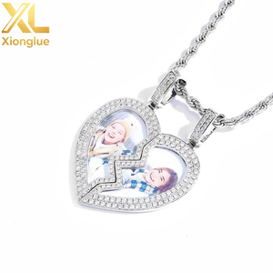 Collar con Colgante de Corazón Roto con Incrustaciones de Diamantes de Imitación, Joyería Fina Hip Hop, Chapado en Oro Blanco, Marco de Fotos Personalizado - Product Image 2