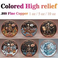 Pièce de monnaie en cuivre pur 999 de 1 oz, série Squelette Amusant en relief coloré, édition collector 3D UV