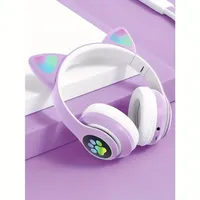 Headphone Nirkabel Anak Motif Kucing Lucu dengan Telinga RGB, Mikrofon, Pengisian Daya Type-C, Stereo, Earphone Musik untuk Anak-Anak, Hadiah untuk Anak