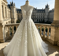 Robe de mariée élégante en dentelle à col en V, robe de bal en tulle sans manches avec appliques florales 3D