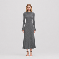 Robe en maille côtelée noire pour femme, col roulé, manches longues, longueur midi, marque privée, vente en gros