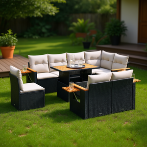 Ensemble de canapés de jardin en polyrotin noir avec structure en bois d'acacia et acier thermolaqué, mobilier d'extérieur 6 places - Product Image 2