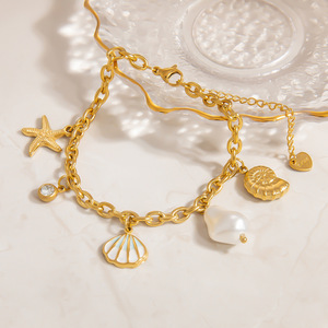 Ocean Theme Seashell Charm <b>Bracelet</b> For Women 18k Gold Plated Titanium Steel Jewelry Starfish Pearl Pendant Vacation Style - Product Image 2